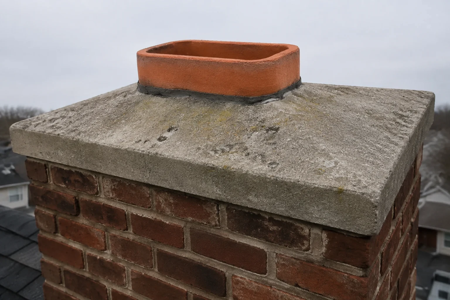 Concrete crown around a terracotta flue on a brick chimney.