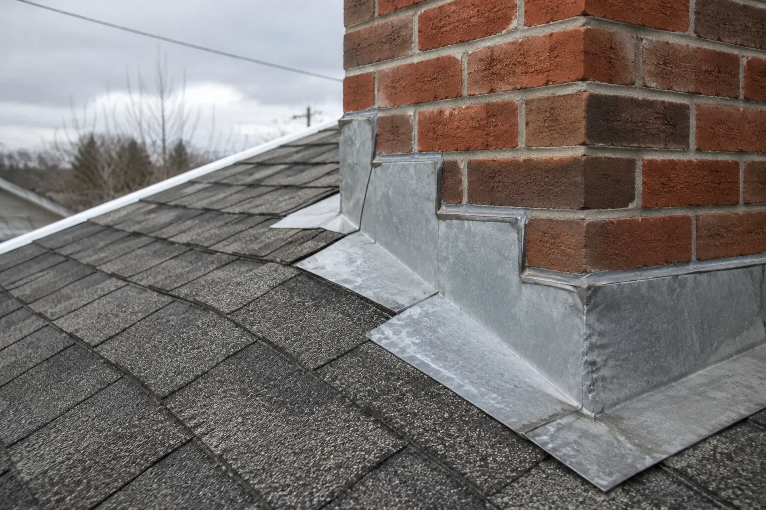 Metal flashing along a brick chimney and shingle roof.