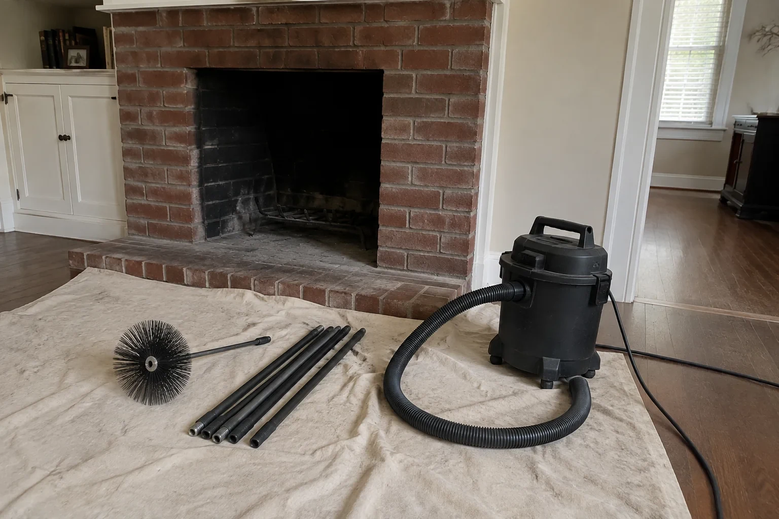 Chimney brush, rods and a service vacuum beside a cold fireplace.