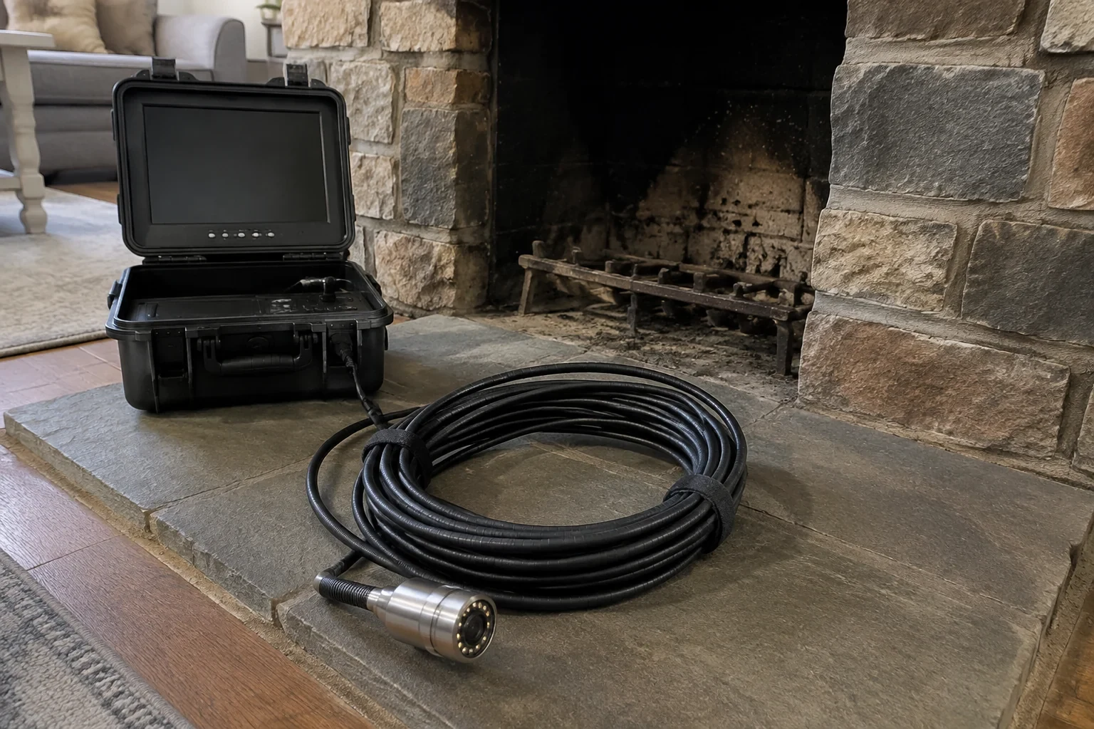 Flue camera head, coiled cable and portable monitor on a stone hearth.