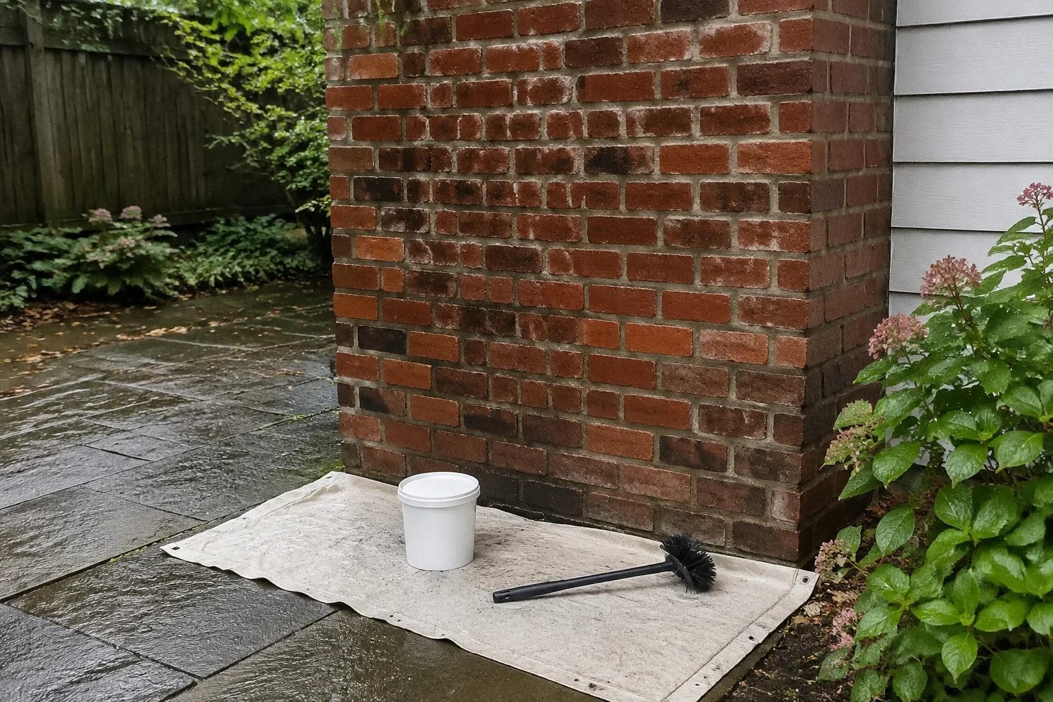 Brick chimney wall beside a plain container and brush.