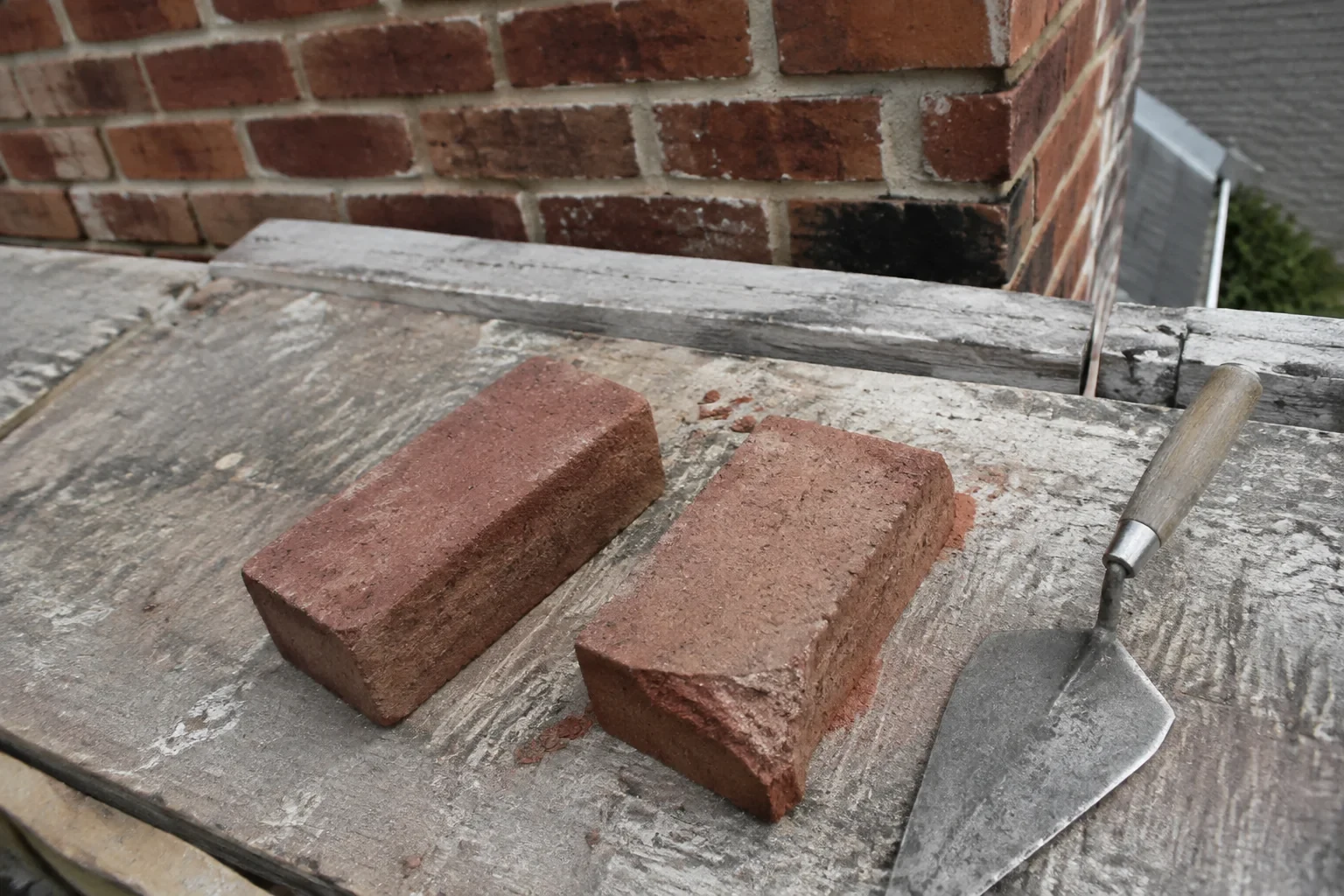 Whole and chipped bricks with a masonry trowel.