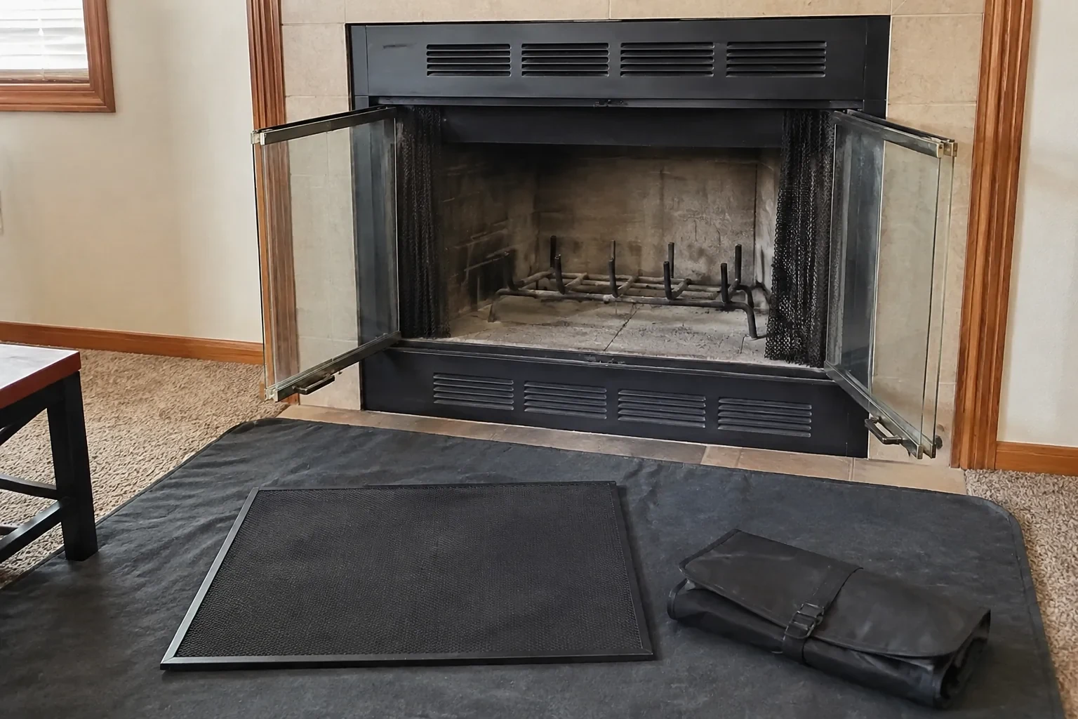 Metal fireplace with screen panel and tool pouch nearby.