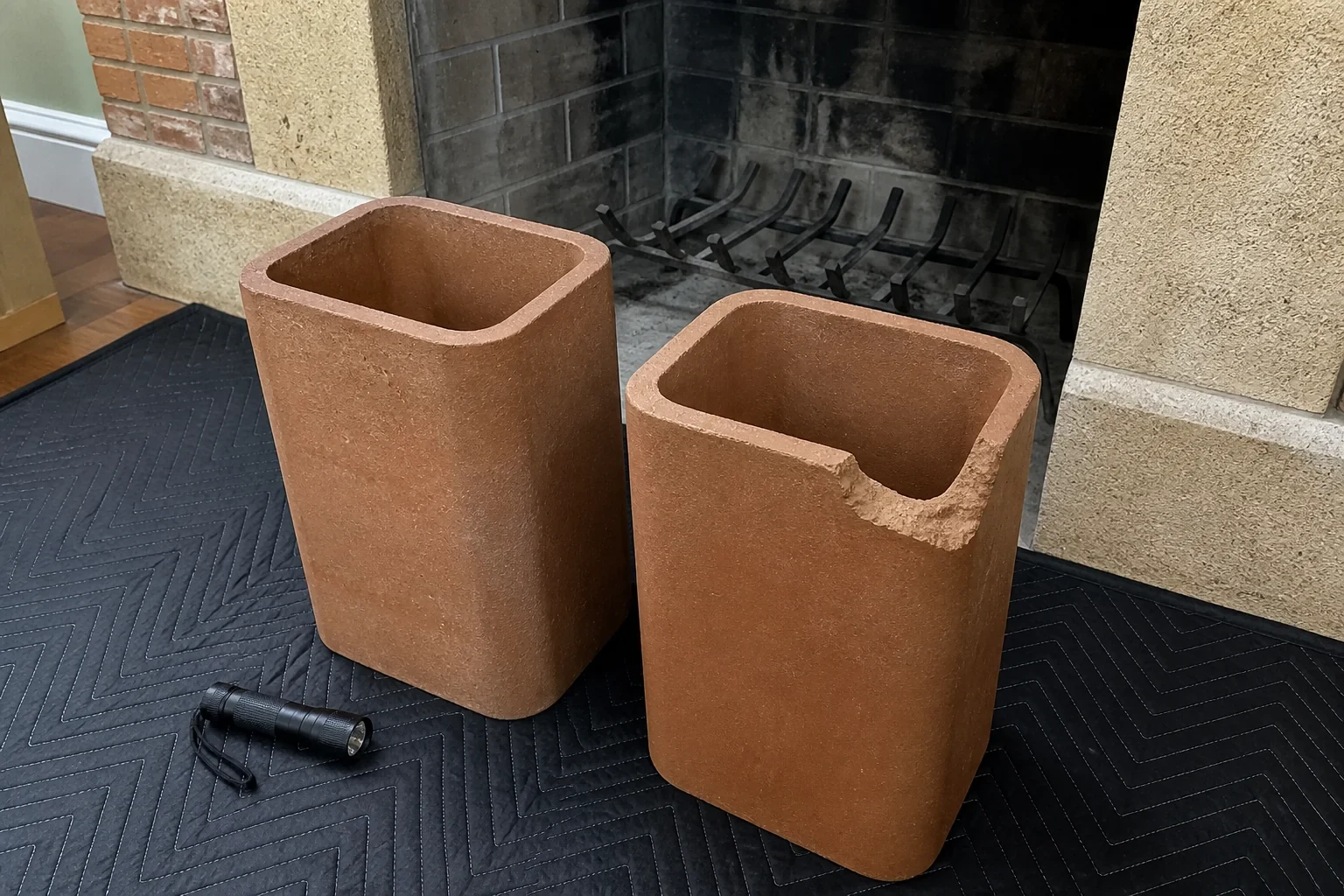 Terracotta flue tile sections and flashlight beside a fireplace.