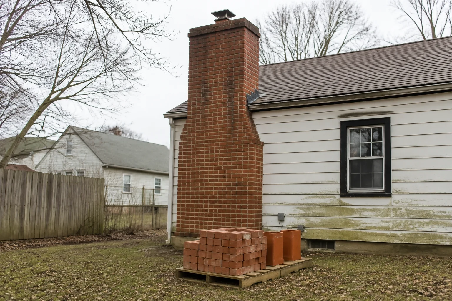 Full-height brick chimney with bricks and flue tiles in the yard.