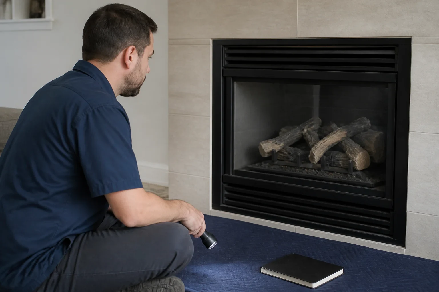 Technician beside a cold glass-front gas fireplace.