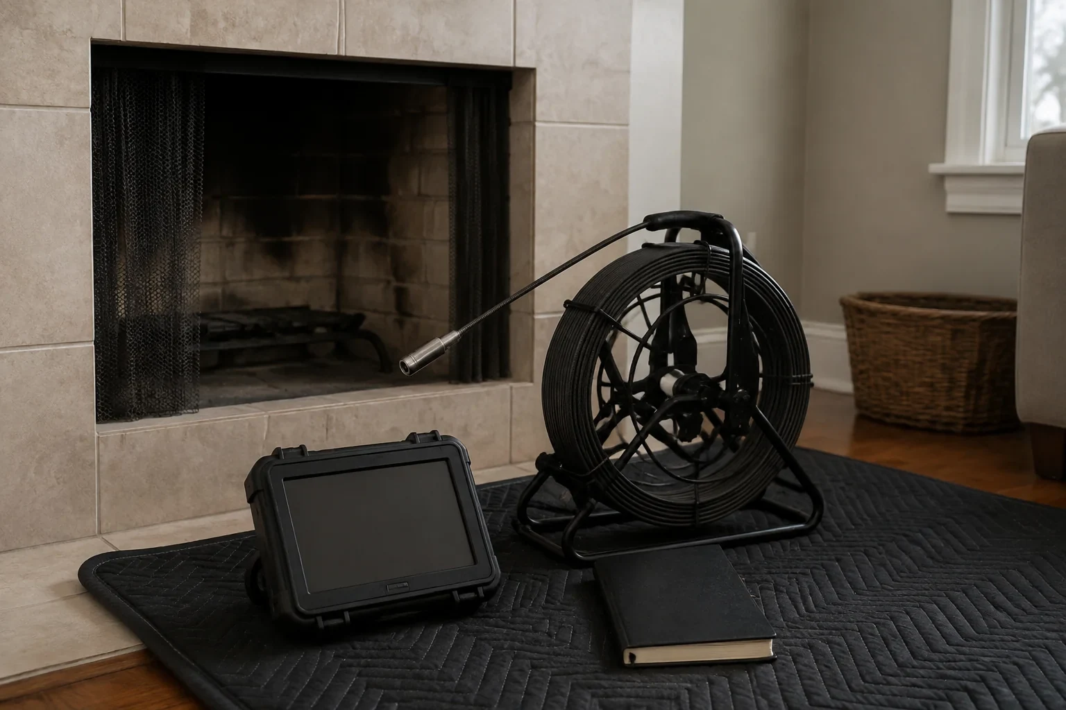 Camera inspection equipment beside a tiled fireplace.