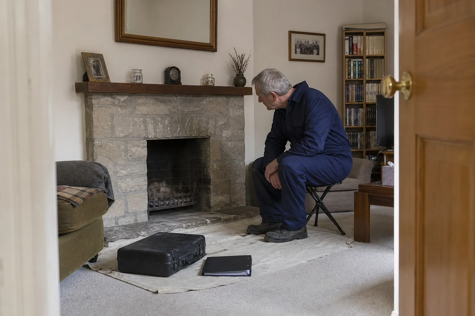 Technician seated beside a cold fireplace with a tool case and folder.