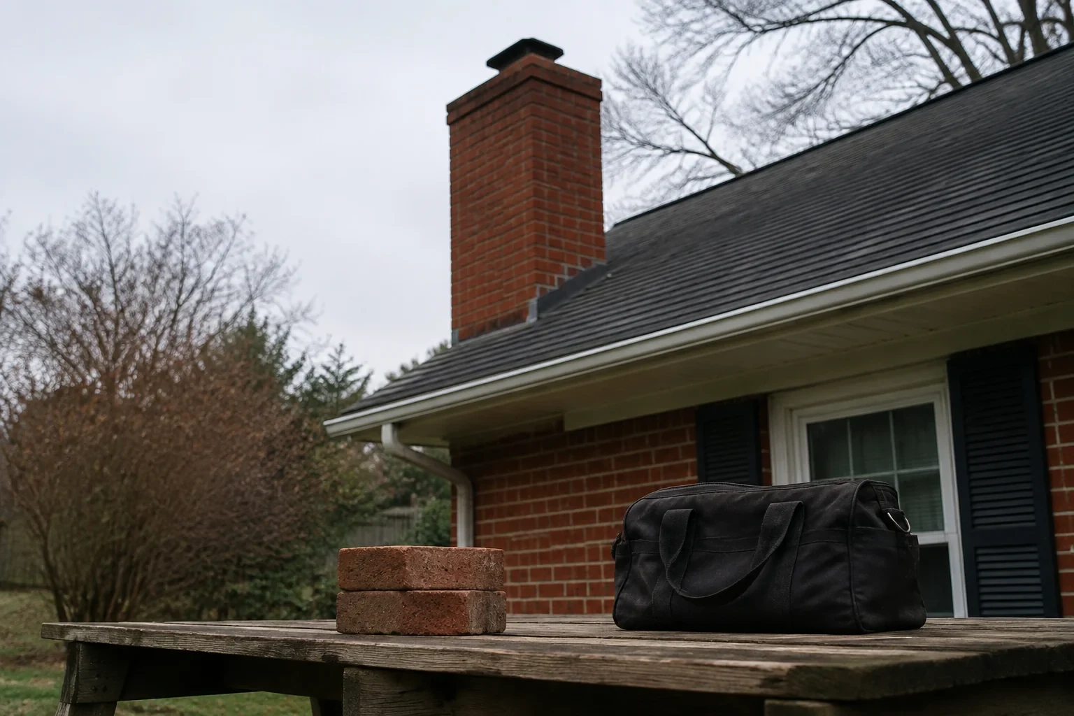 Brick chimney above a modest roof, with spare bricks in foreground.