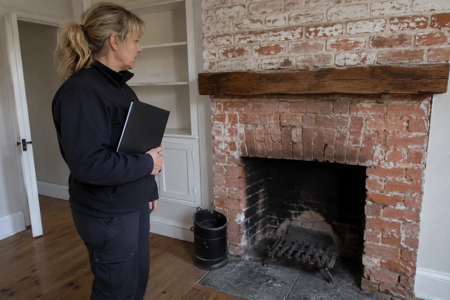Technician with a folder beside a cold brick fireplace.