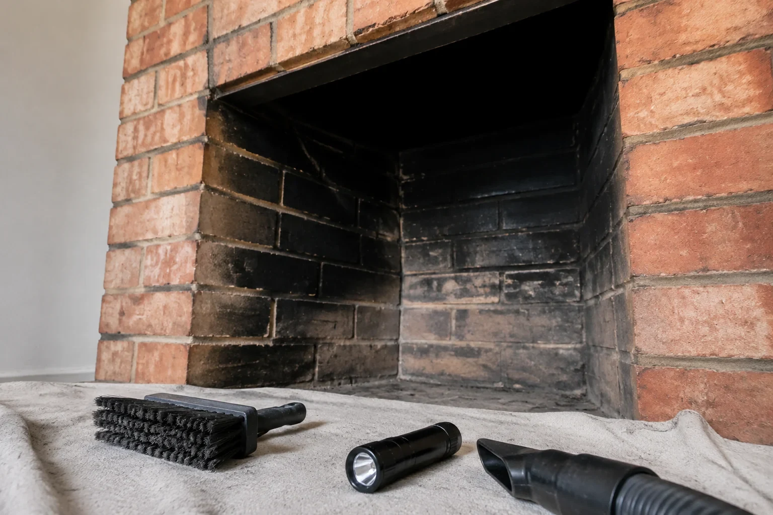 Brush, flashlight and vacuum nozzle in front of a cold fireplace opening.