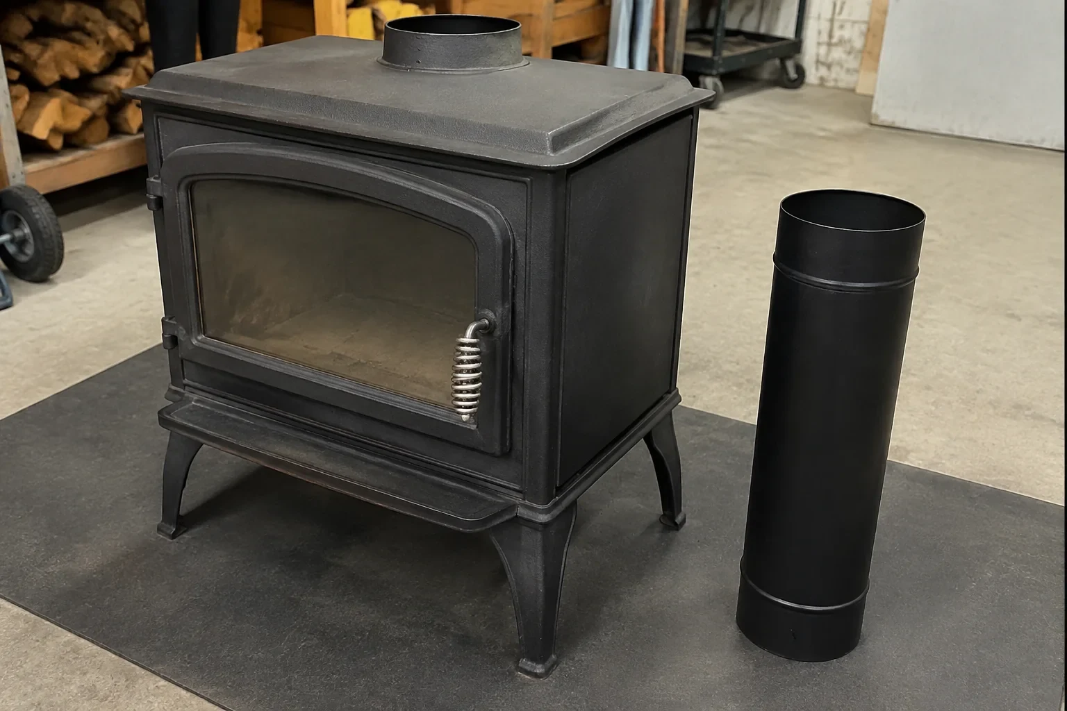 Disconnected wood stove and separate stovepipe in a workshop.
